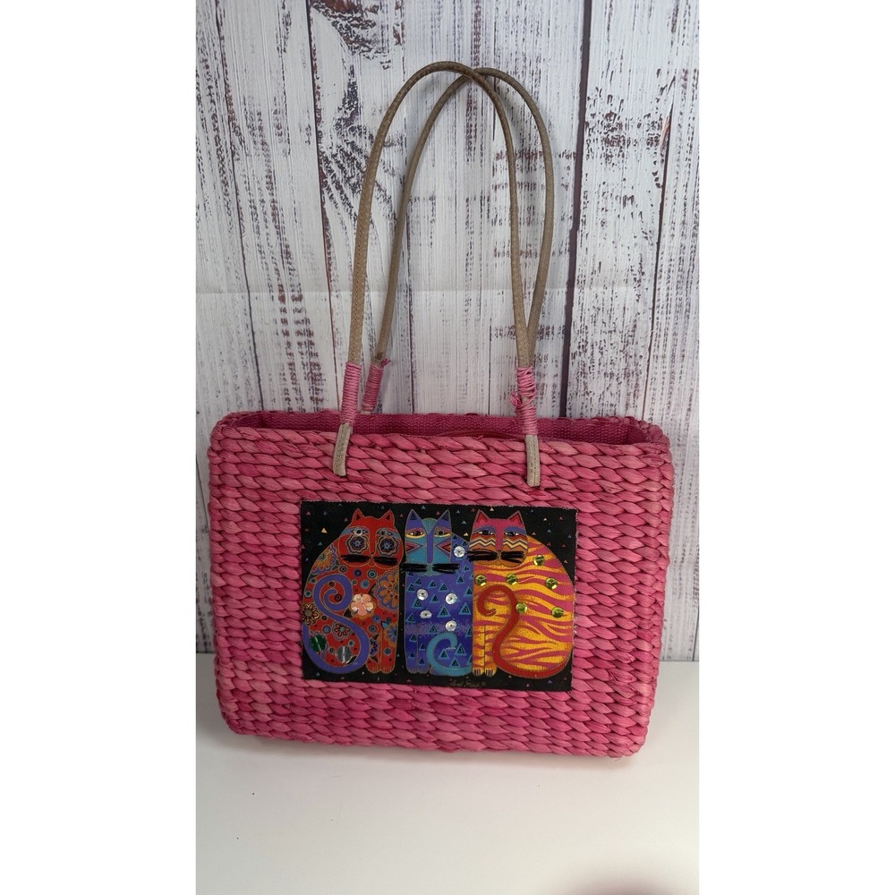 Laurel Burch Medium Size Pink Straw 3 Cats Satchel Handbag